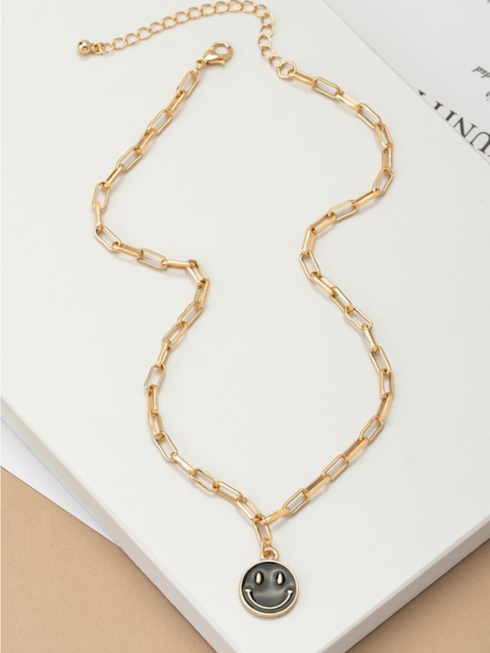 Happy Smile Face Necklace Black Pendant Paperclip Chain